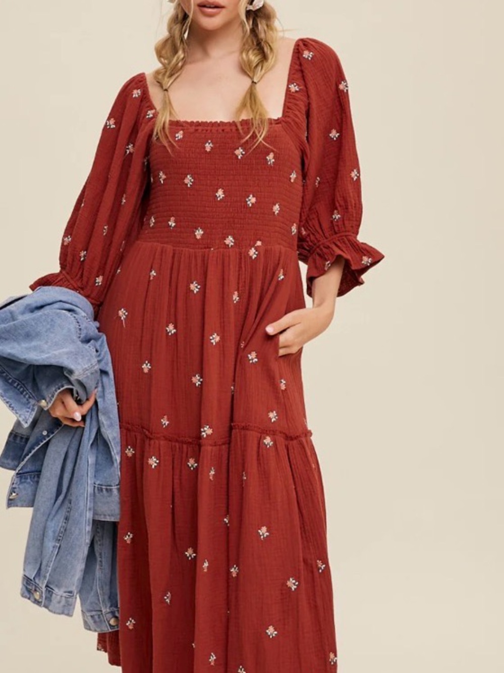 Rust Floral Smocked Midi Dress - Women